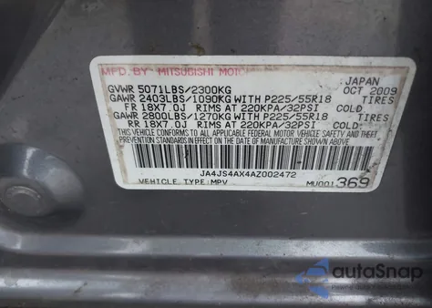 2010 Mitsubishi Outlander Xls z USA, uszkodzony, nr VIN JA4JS4AX4AZ002472